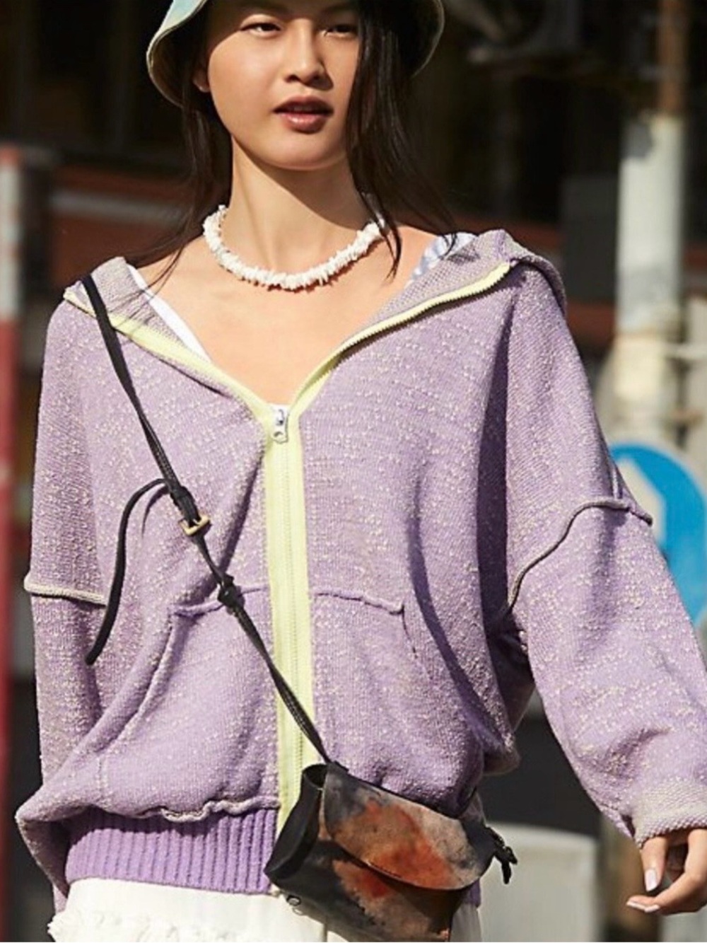 Free People In Bloom Oversized Lavender Zip-Front Hoodie with Yellow accents.